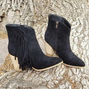 Beast black suede stacked heel tassel fringe boot